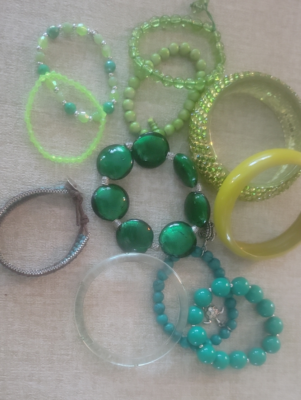 Green & Teal Mixed Bead Bracelet Set (11 Total) - Women Accessories
